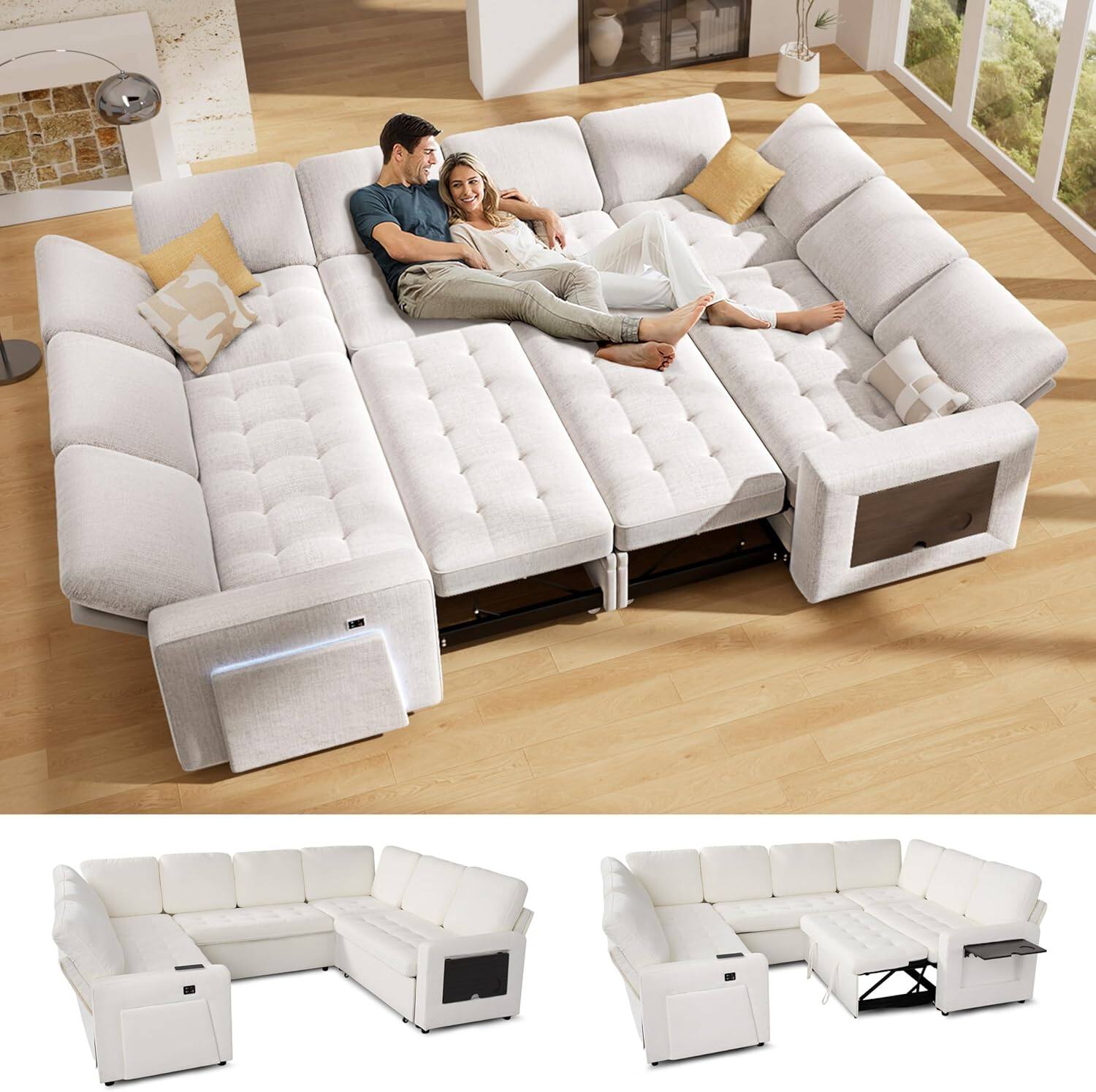 Angle. Vipbear - Vipbear 8 Seat Modular Sectional Sleeper Sofa,Pull-Out Bed, Reclining Backrest, USB Ports, Side Table, White - Beige.