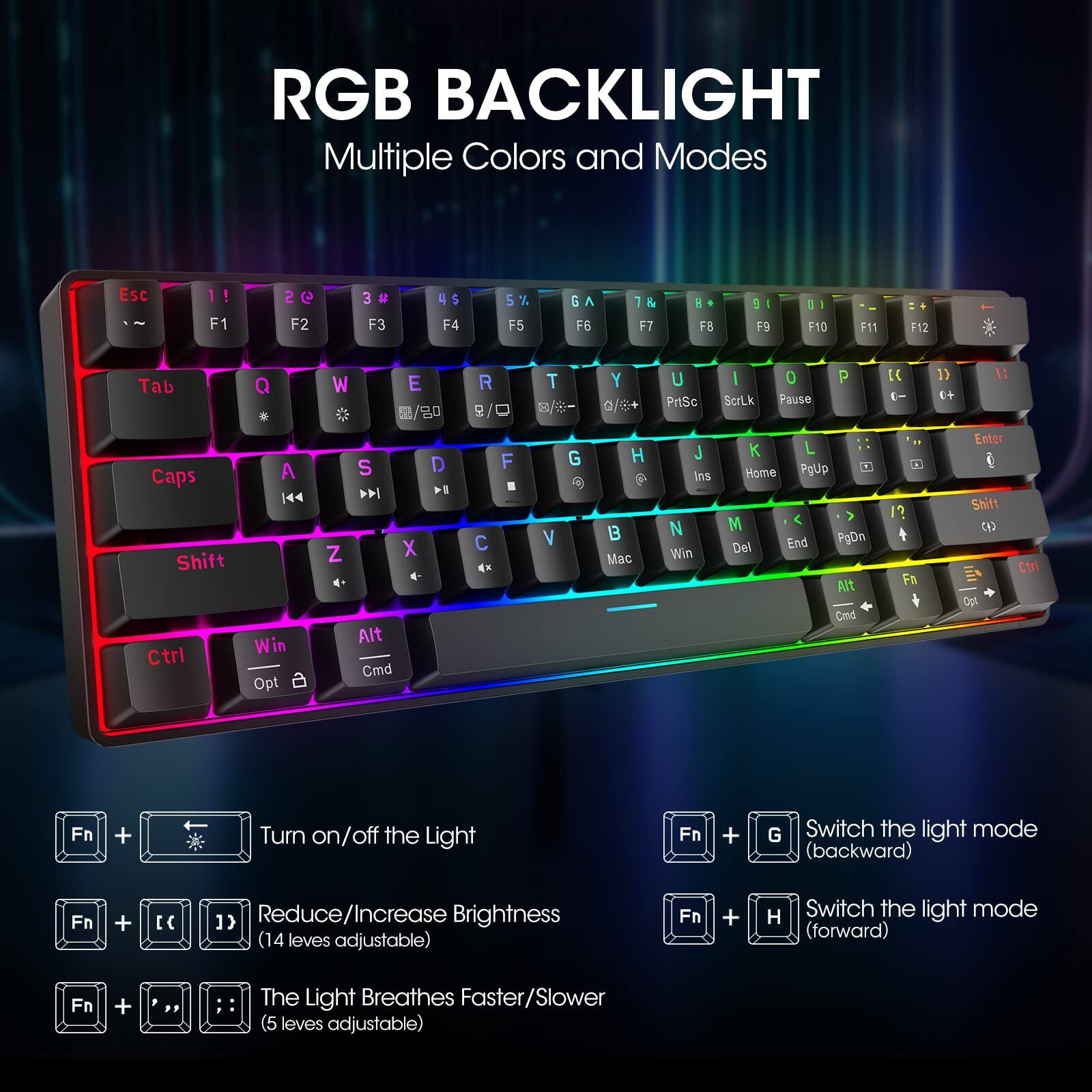 **RGB BACKLIGHT**  
Multiple Colors and Modes

- **Esc** F1 F2 F3 F4 F5 F6 F7 F8 F9 F10 F11 F12
- **Tab** Q W E R T Y U I O P
- **Caps** A S D F G H J K L ; '
- **Shift** Z X C V B N M , . /
- **Ctrl** Win Alt Cmd
- **Fn +** Turn on/off the Light
- **Fn + G** Switch the light mode (backward)
- **Fn + H** Switch the light mode (forward)
- **Fn +** Reduce/Increase Brightness (14 levels adjustable)
- **Fn +** The Light Breathes Faster/Slower (5 levels adjustable)