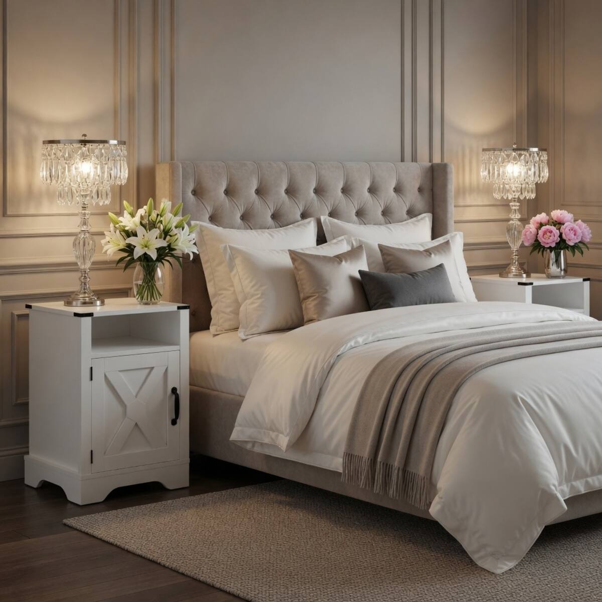 Alt View 4. Loheer - Loheer White Farmhouse Nightstand with Charging Station, 16-Inch Bedside Table with Storage - White.