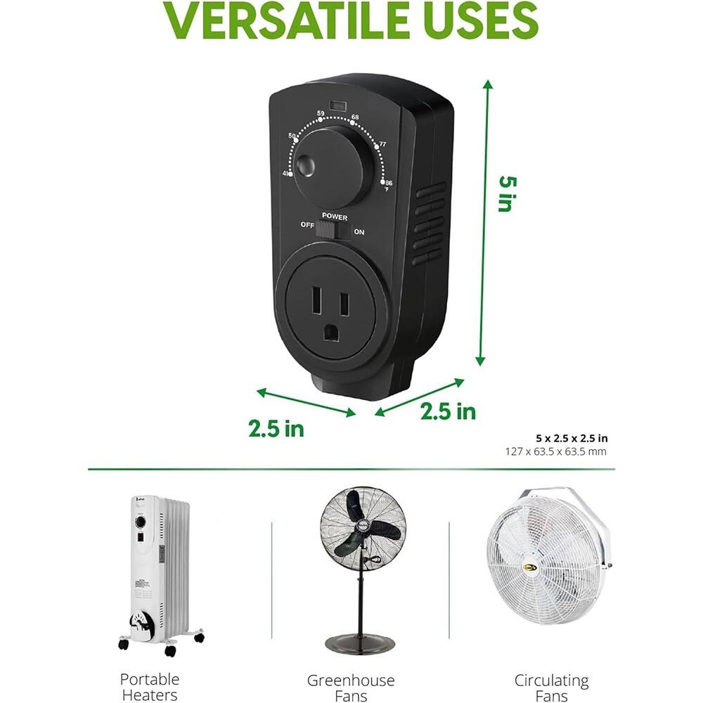VERSATILE USES

5 x 2.5 x 2.5 in  
127 x 63.5 x 63.5 mm

Portable Heaters  
Greenhouse Fans  
Circulating Fans