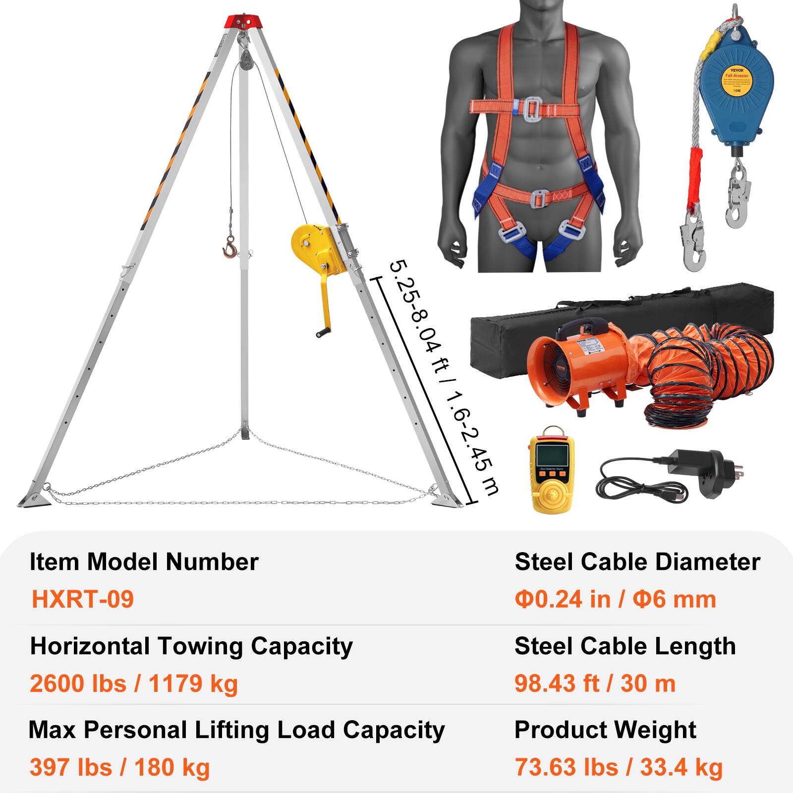 I : - I - 8001 5.25-8.04 ft - 1 1.6-2.45 m

Item Model Number: HXRT-09

Steel Cable Diameter: 0.24 in / 6 mm

Horizontal Towing Capacity: 2600 lbs / 1179 kg

Max Personal Lifting Load Capacity: 397 lbs / 180 kg

Steel Cable Length: 98.43 ft / 30 m

Product Weight: 73.63 lbs / 33.4 kg