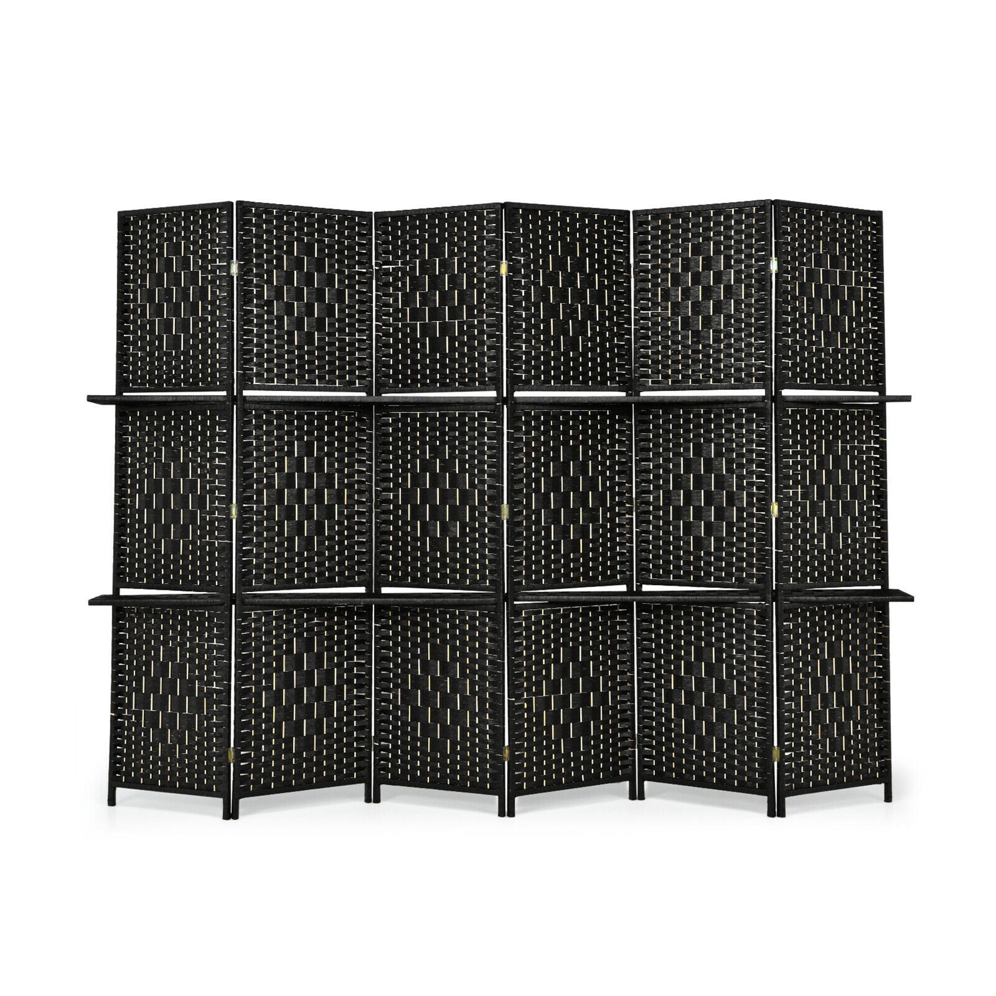 Alt View 9. Costway - Costway 6 Panel Folding Room Divider 6Ft Weave Fiber Screen W/ 2 Display Shelves - Black.