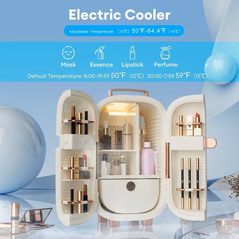 Electric Cooler  
Adjustable Temperature: (10°C) 50°F-64.4°F (18°C)  
Mask Essence Lipstick Perfume  
Default Temperature:  
8:00-19:59 50°F (10°C)  
20:00-7:59 59°F (15°C)