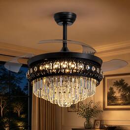 Siljoy - 42-Inch 3 Retractable Blades Downrod Eye Cut K9 Crystal Ceiling Fan Chandelier For Dining Living Kitchen Foyer - Black