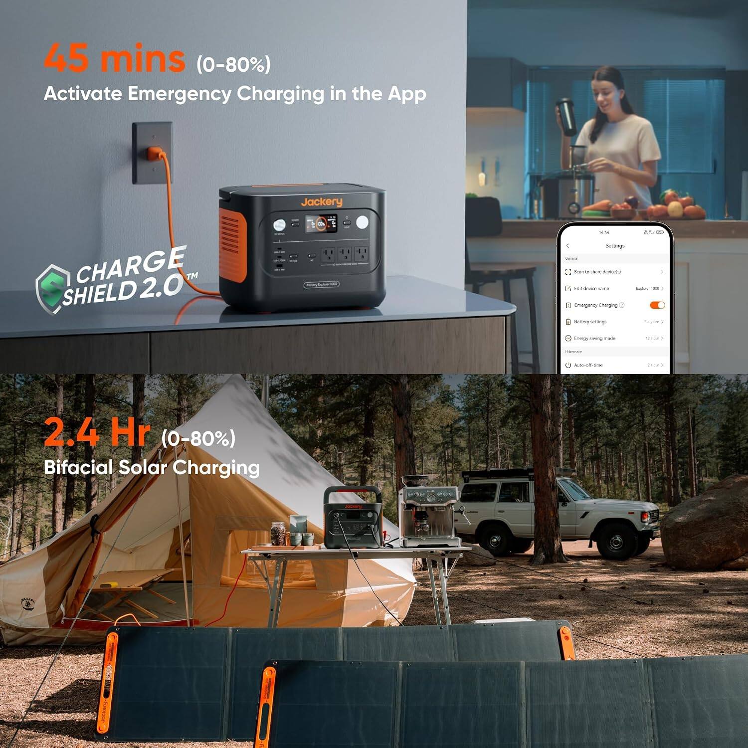 45 mins (0-80%)  
Activate Emergency Charging in the App

SHIELD *CHARGE 2.0™

Jackery 1  
5

too Settings Grea Sugar 10 chere diniceld see dauce name Emogency Charging Bettery settings  
1.00 | Lipter 10 My -  
Energy soving.me made  
Offer  
FibertaGe  
Auto-off-time  
2tber  
2.4 Hr (0-80%) Bifacial Solar Charging