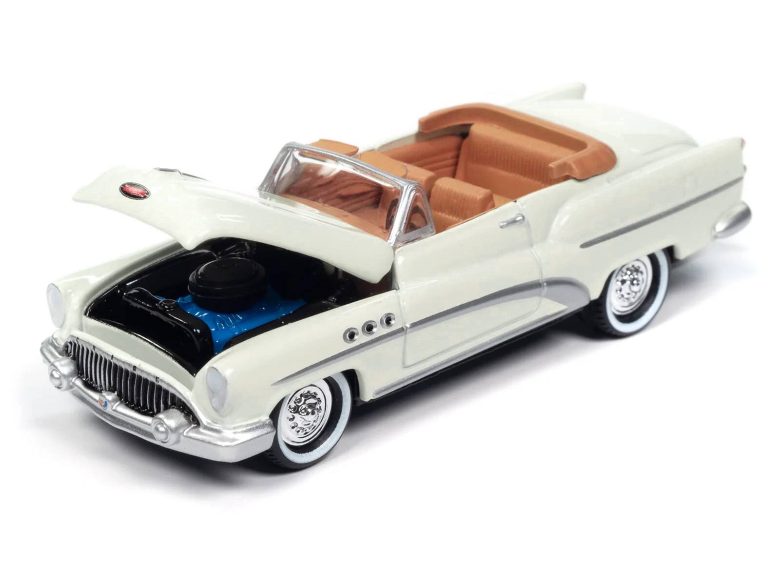 Left. Johnny Lightning - 1953 Buick Super Cream with Travel Trailer Limited Edition "Tow & Go" Series 1/64 Diecast Model Car by Johnny Lightning - Cream.