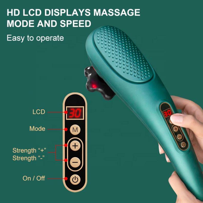 HD LCD DISPLAYS MASSAGE MODE AND SPEED  
Easy to operate  

LCD: 30  
Mode: M  
Strength: "+"  
Strength: "-"  
On / Off