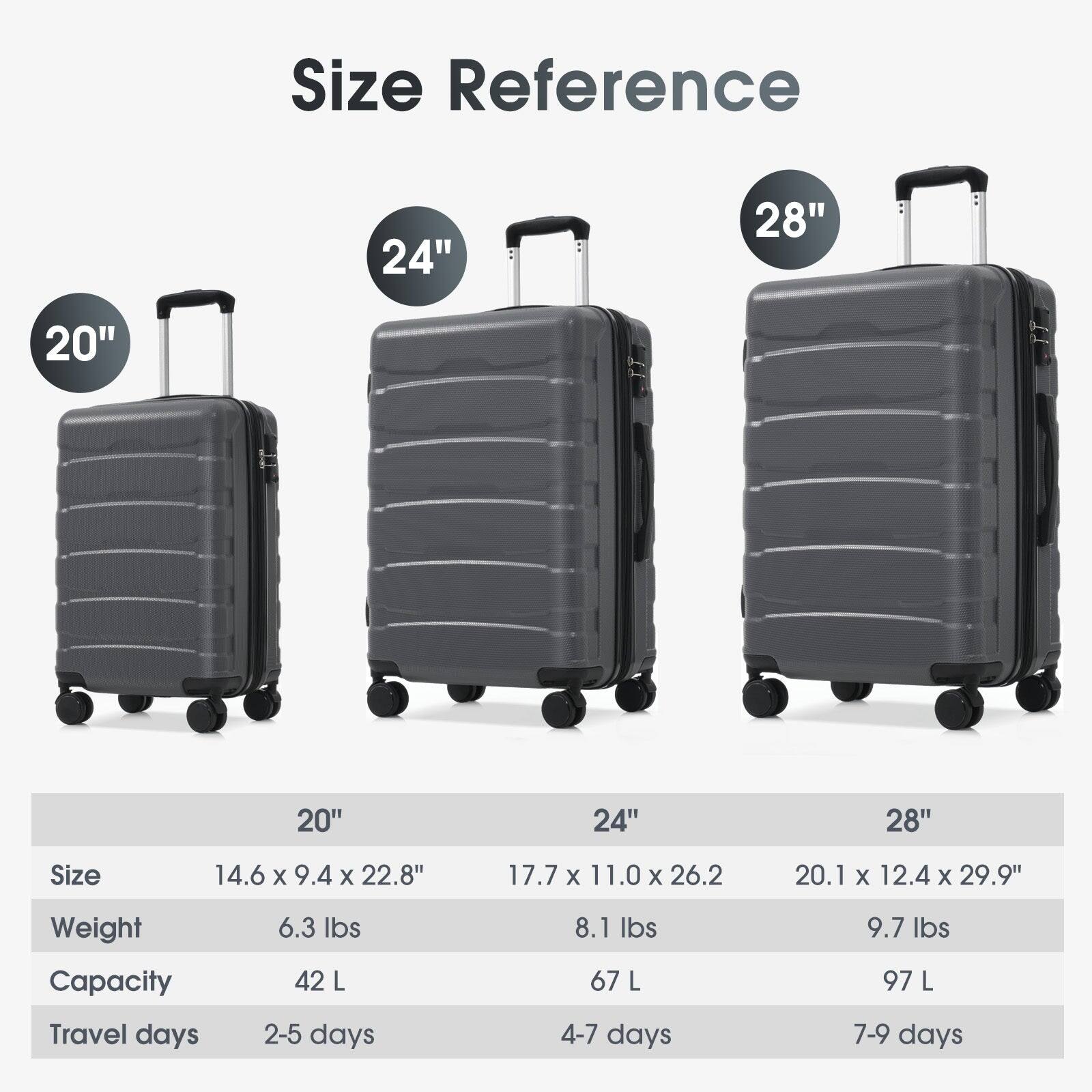 Size Reference

20"  
Size: 14.6 x 9.4 x 22.8"  
Weight: 6.3 lbs  
Capacity: 42 L  
Travel days: 2-5 days  

24"  
Size: 17.7 x 11.0 x 26.2"  
Weight: 8.1 lbs  
Capacity: 67 L  
Travel days: 4-7 days  

28"  
Size: 20.1 x 12.4 x 29.9"  
Weight: 9.7 lbs  
Capacity: 97 L  
Travel days: 7-9 days