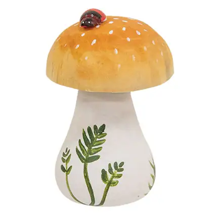 Front. BreeBe - Wooden Handpainted Spotted Mushroom Sitter with Ladybug - Yellow, White.