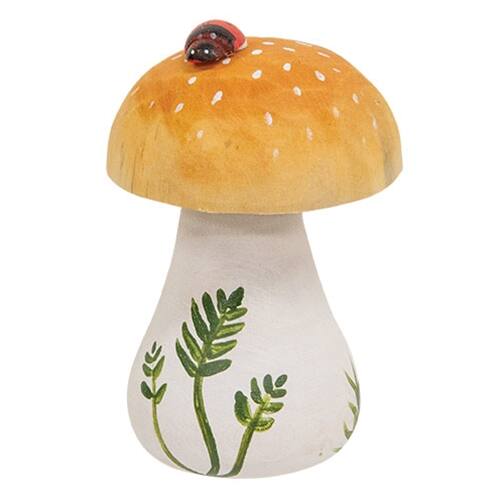 Front. BreeBe - Wooden Handpainted Spotted Mushroom Sitter with Ladybug - Yellow, White.