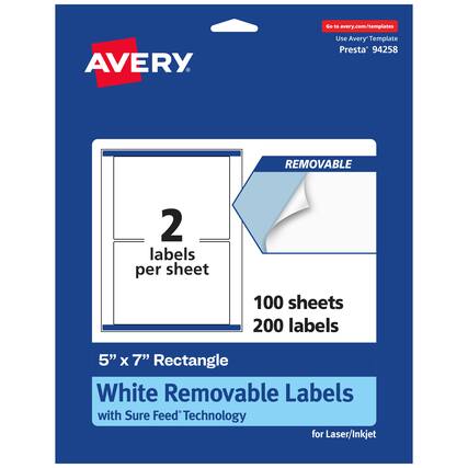Go to avery.com/templates
AVERY
Use Avery Template Presta 94258
REMOVABLE
2 labels per sheet
100 sheets 200 labels
5" x 7" Rectangle
White Removable Labels with Sure Feed Technology for Laser/Inkjet