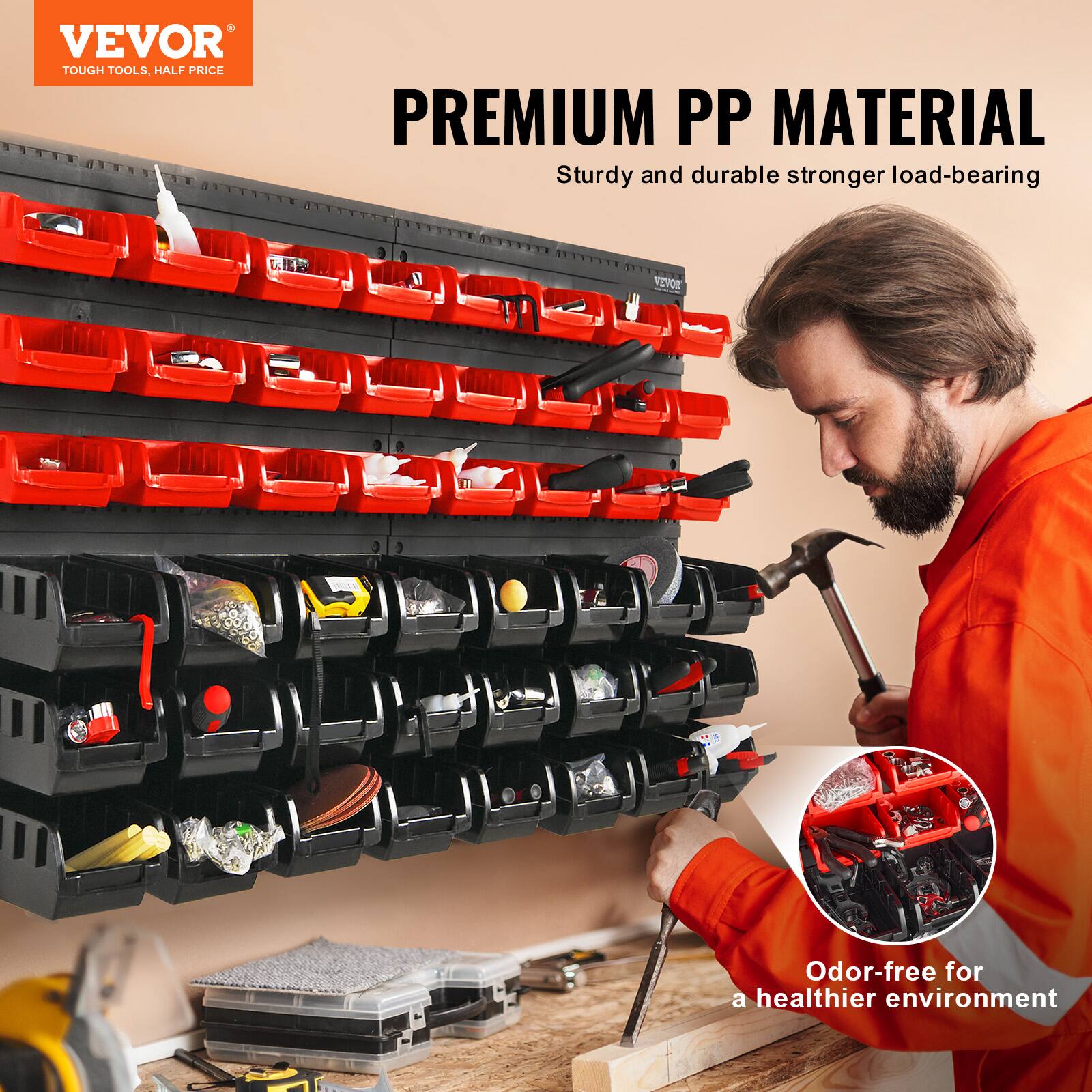 VEVOR  
TOUGH TOOLS, HALF PRICE  

PREMIUM PP MATERIAL  
Sturdy and durable stronger load-bearing  

Odor-free for a healthier environment