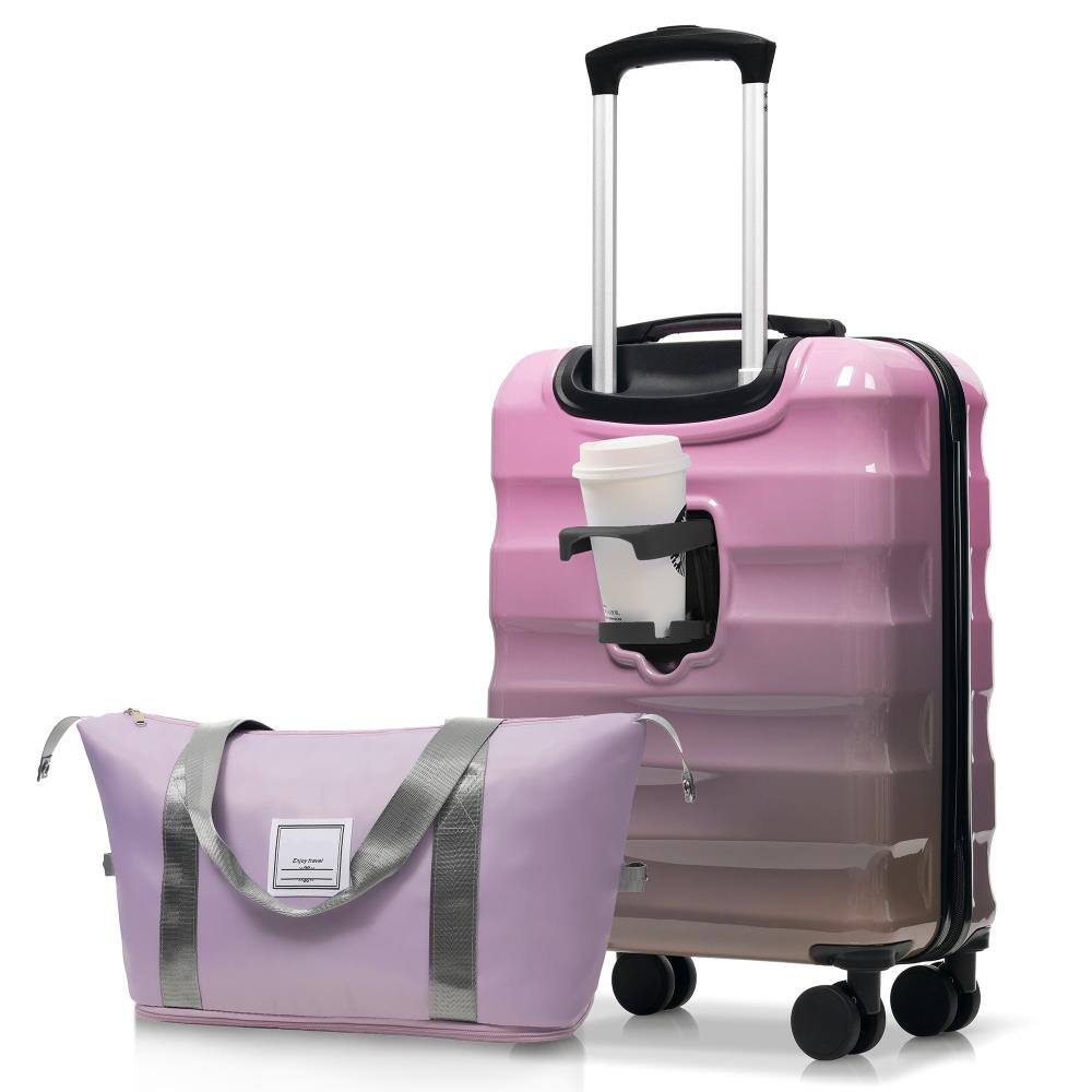 Front. BreeBe - 20'' Carry-On Luggage Lightweight Glossy Hardshell Suitcase with Cup Holder, Spinner Wheels & TSA Lock - Gray,Pink.