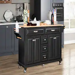 Loheer - Kitchen Island with Storage Cabinet Rubberwood Countertop Kitchen Cart 5 Drawers Dining Room - Black