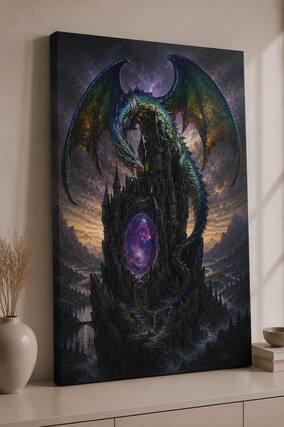 Front. FC Design - Large Arcane Portal Dragon Wall Art Canvas Print 24x36" Dark Castle Fantasy Painting for Home Decor - MultiColor.