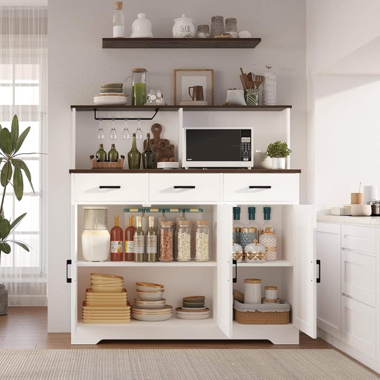 Qeetex - Microwave Cabinet with 3 Drawers, Modern Kitchen Storage Stand with Doors - White