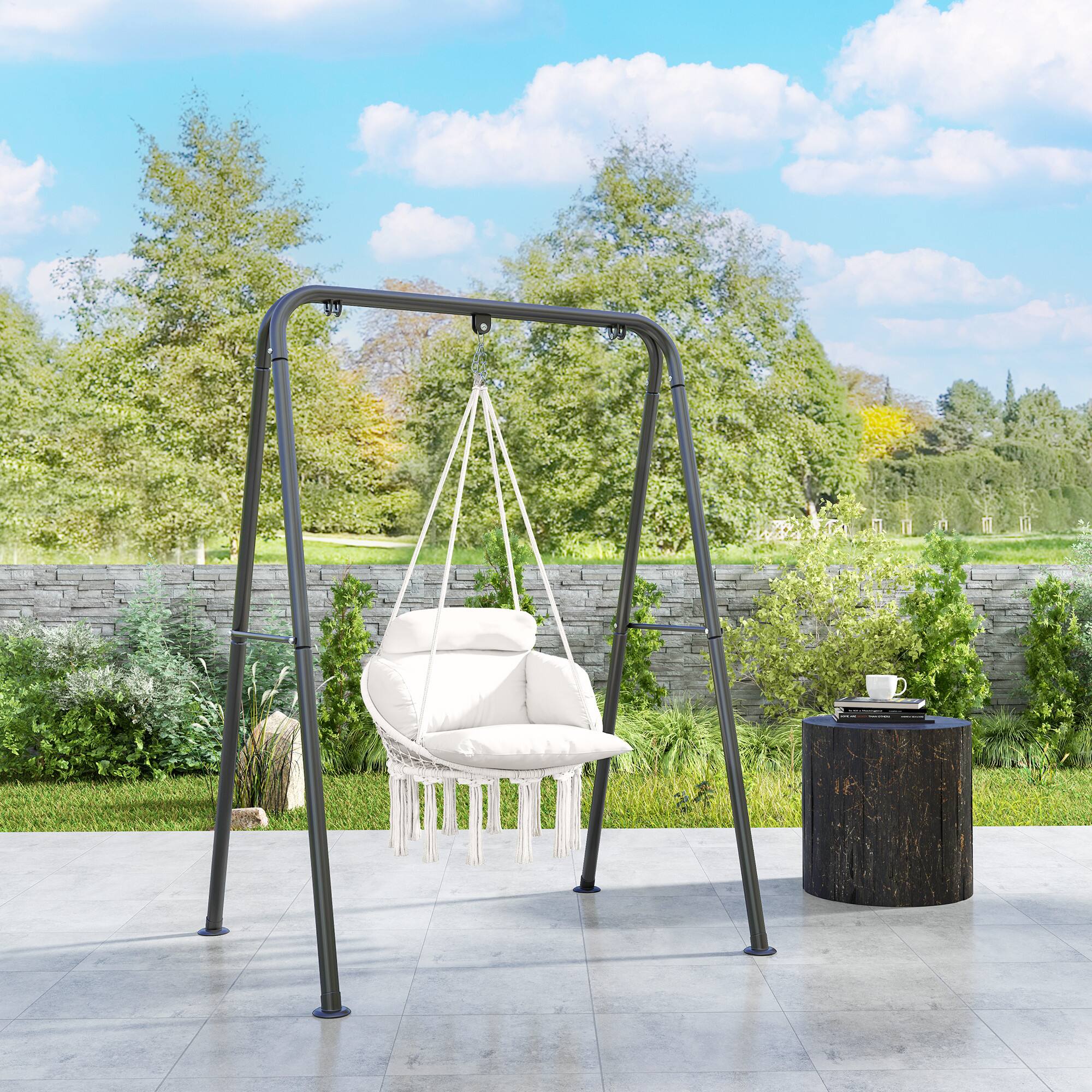 Alt View 1. Outsunny - Hammock Swing Chair, Outdoor Hanging Chair with Large Cushion, Cotton Rope Weaving Macrame Swing with Chain - Cream White.