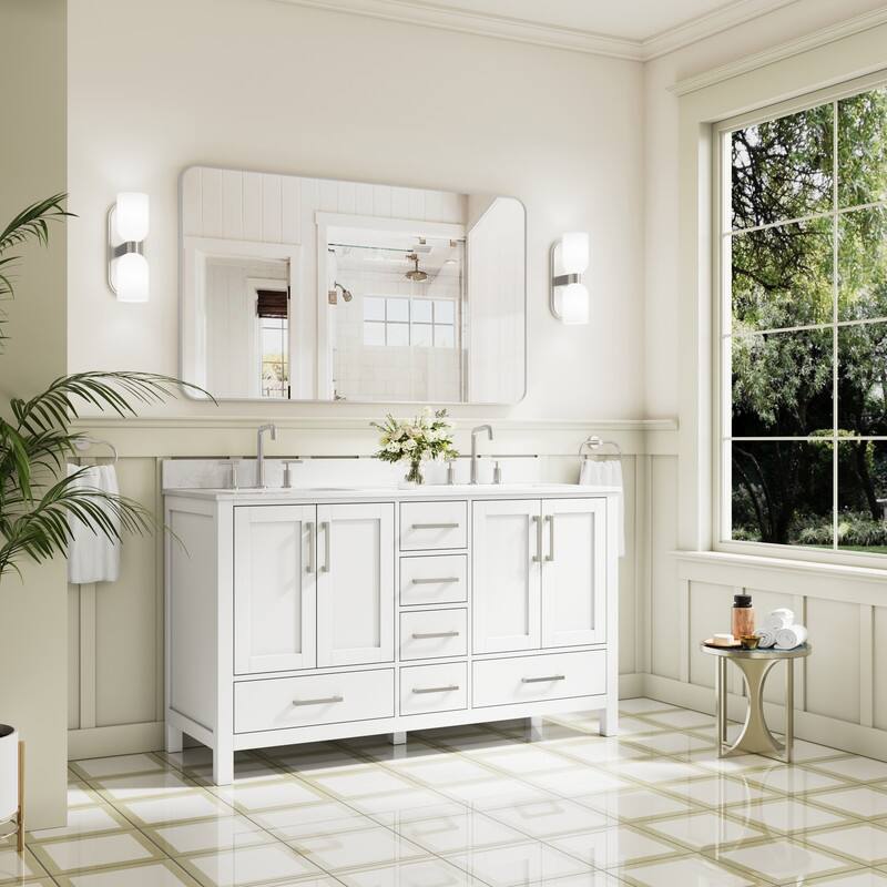 Angle. WELLFOR - 60 in Bathroom Vanity with Double Sink, Solid Wood Bathroom Cabinet with 4 Doors& 6 Drawers，Brushed Nickel Handle - White.
