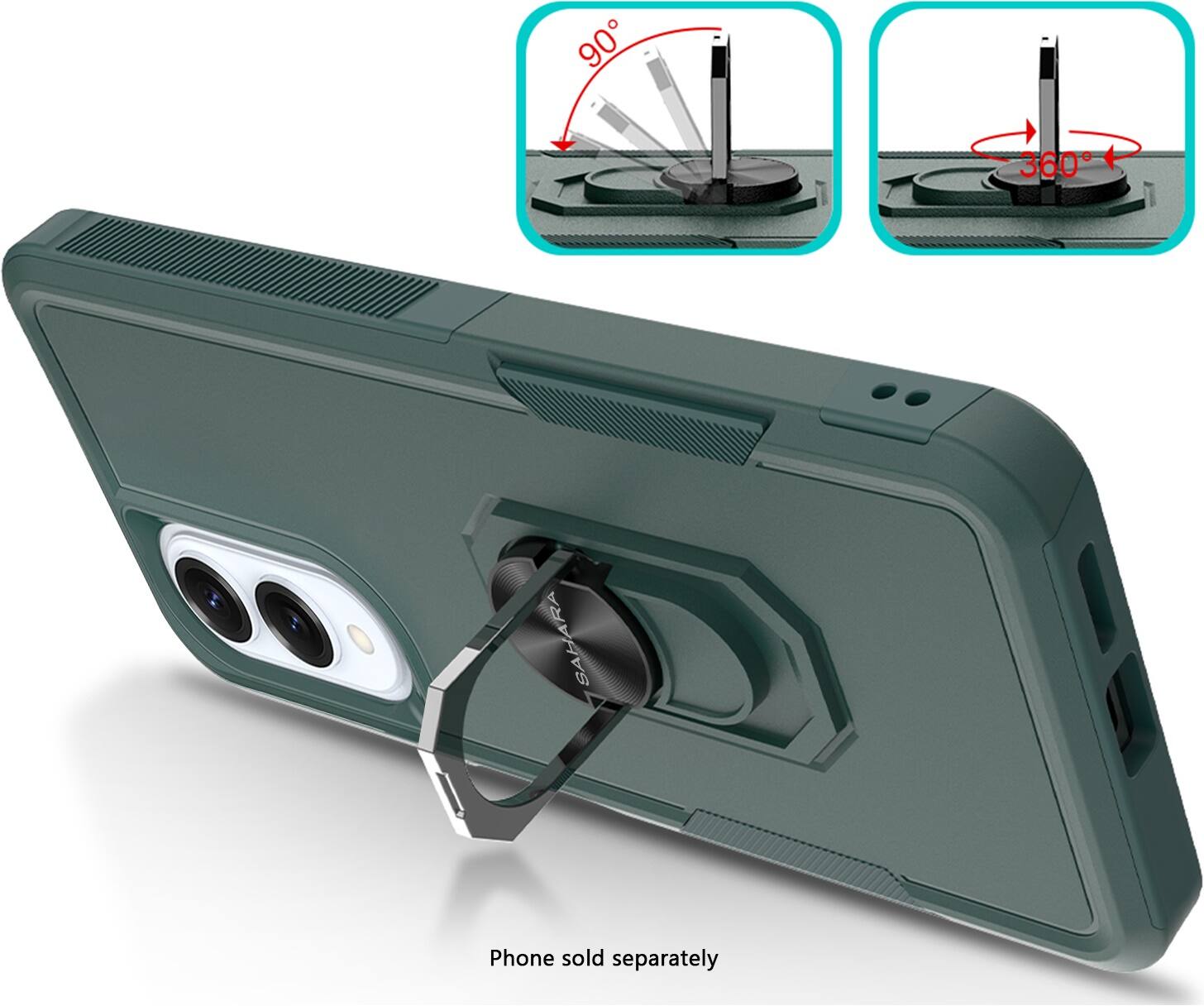 The text on the image reads, "90 degrees 360 degrees SAHARA Phone sold separately." This suggests that the phone is designed to be used in a specific way, possibly with a rotating or adjustable stand, and it is not included with the phone itself. The phone is sold separately, meaning that it is not bundled with other products or accessories.