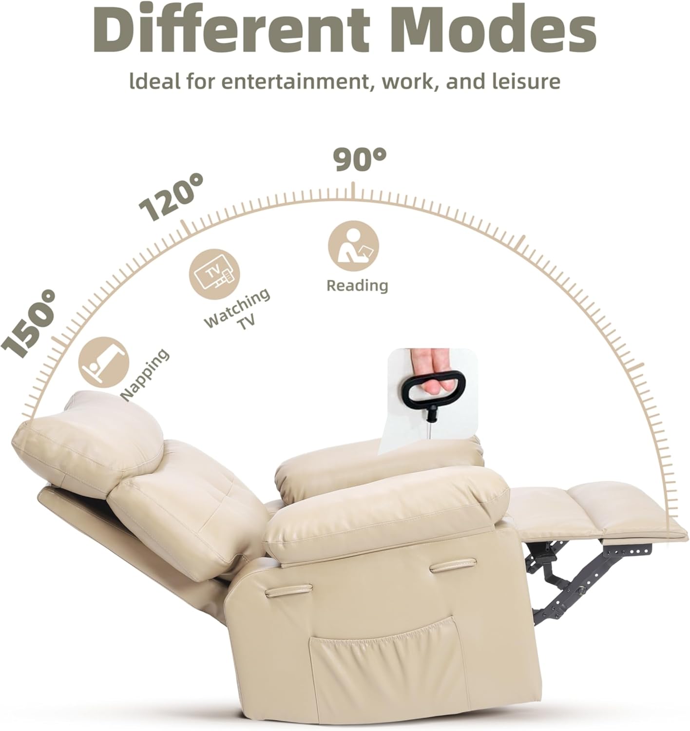 Different Modes  
Ideal for entertainment, work, and leisure  

150° Watching TV  
120° Napping  
90° Reading