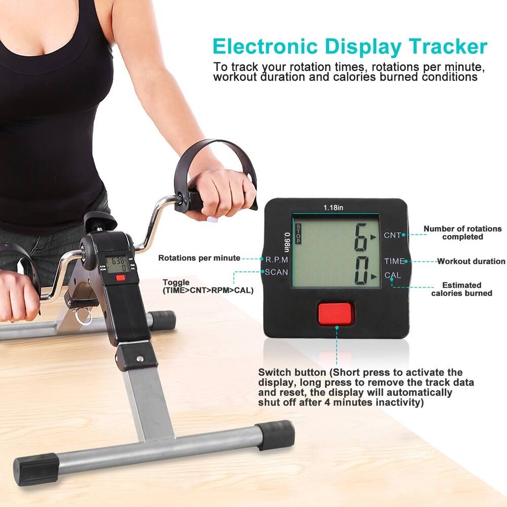 Electronic Display Tracker  
To track your rotation times, rotations per minute, workout duration and calories burned conditions  

1.18in  
638  
0  
0.98in  
STOP  
Rotations per minute R.P.M  
SCAN  
Toggle (TIME>CNT>RPM>CAL)  
CNT  
TIME  
CAL  
Number of rotations completed  
Workout duration  
Estimated calories burned  

Switch button (Short press to activate the display, long press to remove the track data and reset, the display will automatically shut off after 4 minutes inactivity)