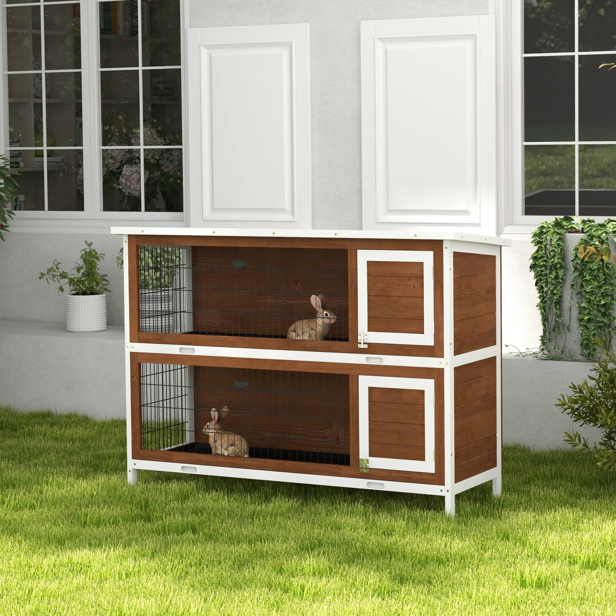 Alt View 1. Pawhut - Wooden Rabbit Hutch w/ Dividers Asphalt Roof for Small Animals & Outdoors.