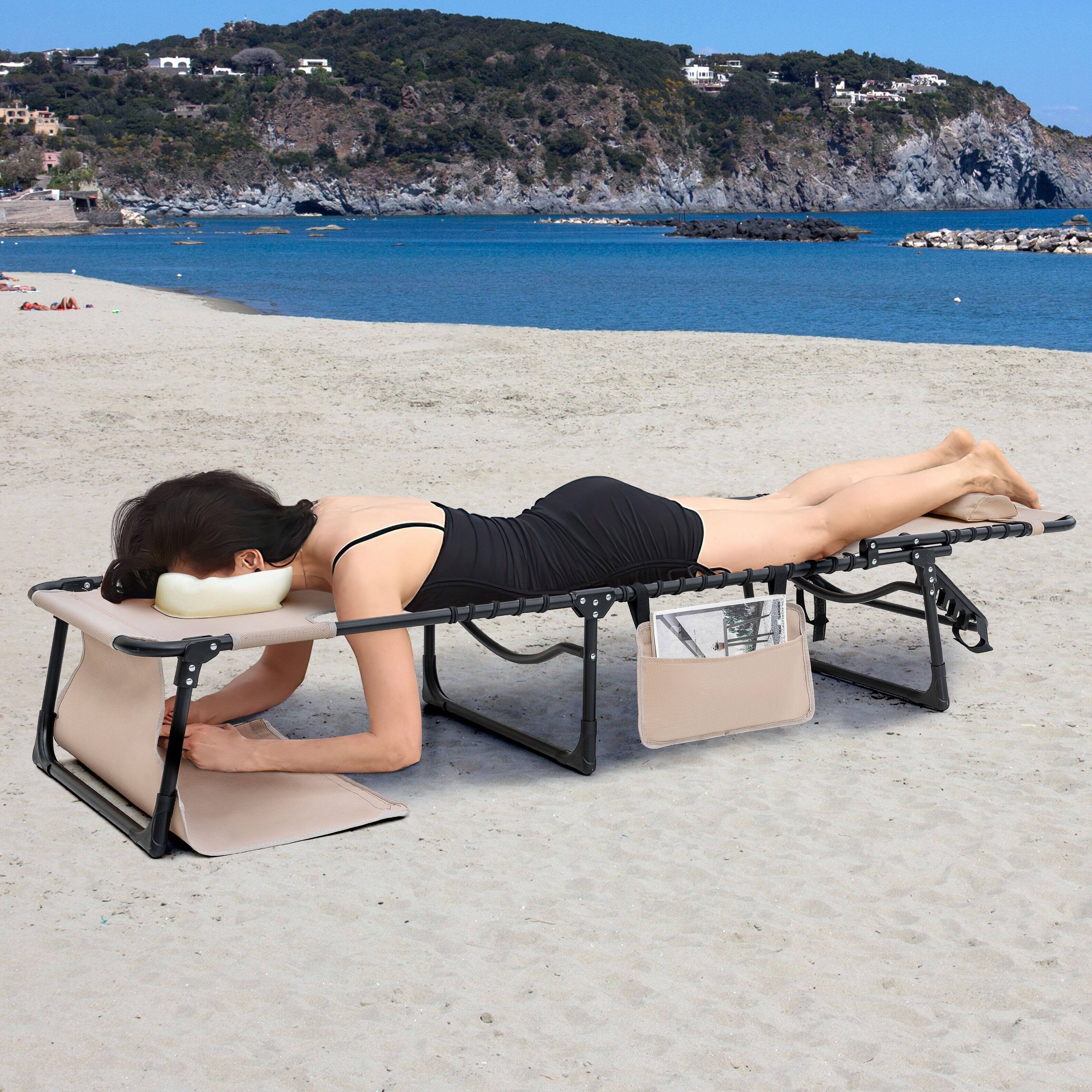 Left. Nuu Garden - Folding Chaise Lounge Chair, 5-Position Adjustable Recliner with Pillow and Face Hole - khaki and black.
