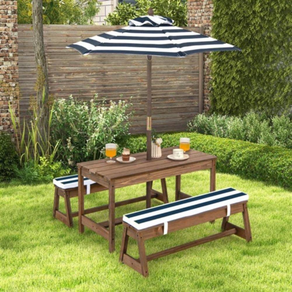 Angle. Hivvago - Kids Outdoor Wooden Picnic Table Bench Chairs Cushions Umbrella Set Navy/White - Navy, White, Brown.