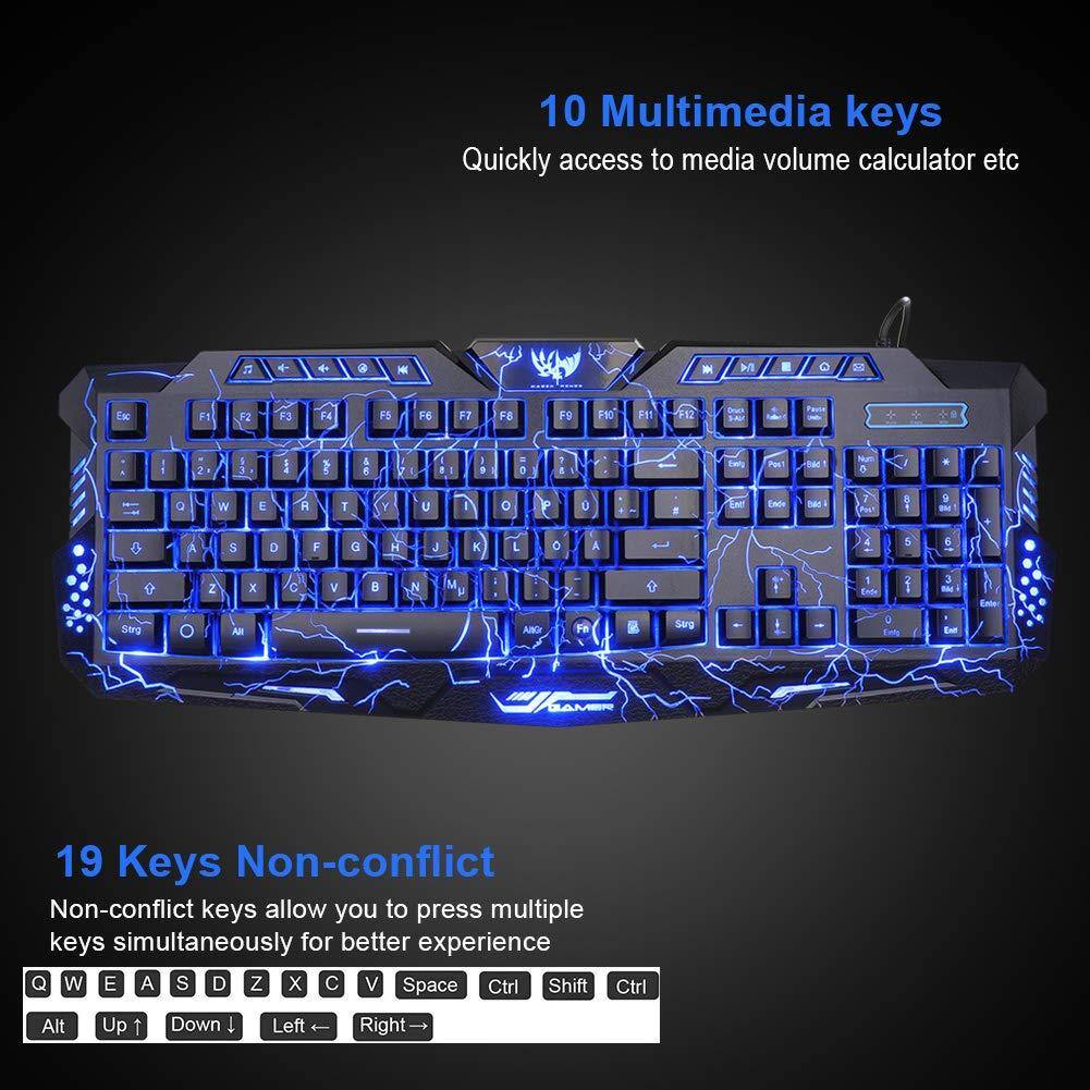 10 Multimedia keys  
Quickly access to media volume calculator etc

19 Keys Non-conflict  
Non-conflict keys allow you to press multiple keys simultaneously for better experience  
Q W E A S D Z X C V Space Ctrl Shift Ctrl Alt Up Down Left Right