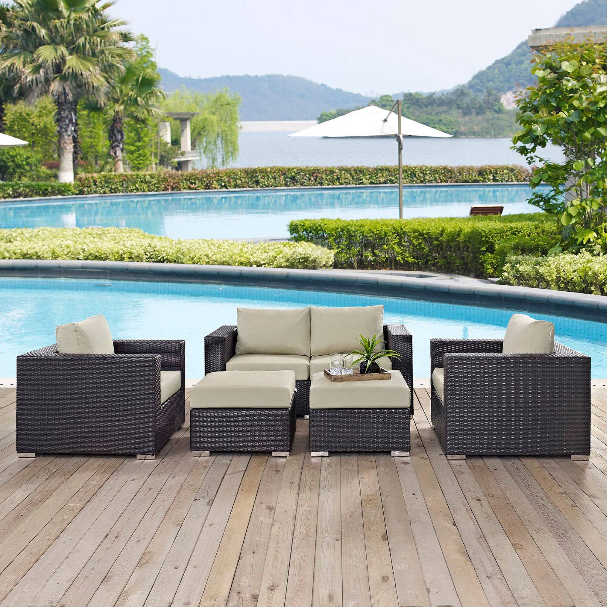 Alt View 3. Modway - Convene 5-Piece Outdoor Patio Sectional Sofa Set - Espresso Beige.