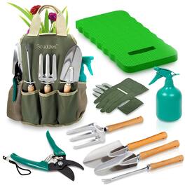Pyle - Scuddles Premium Gardening Kit for Women – 10 Stainless Steel Tools with Ergonomic Handles, Tote Bag, Kneeling Pad