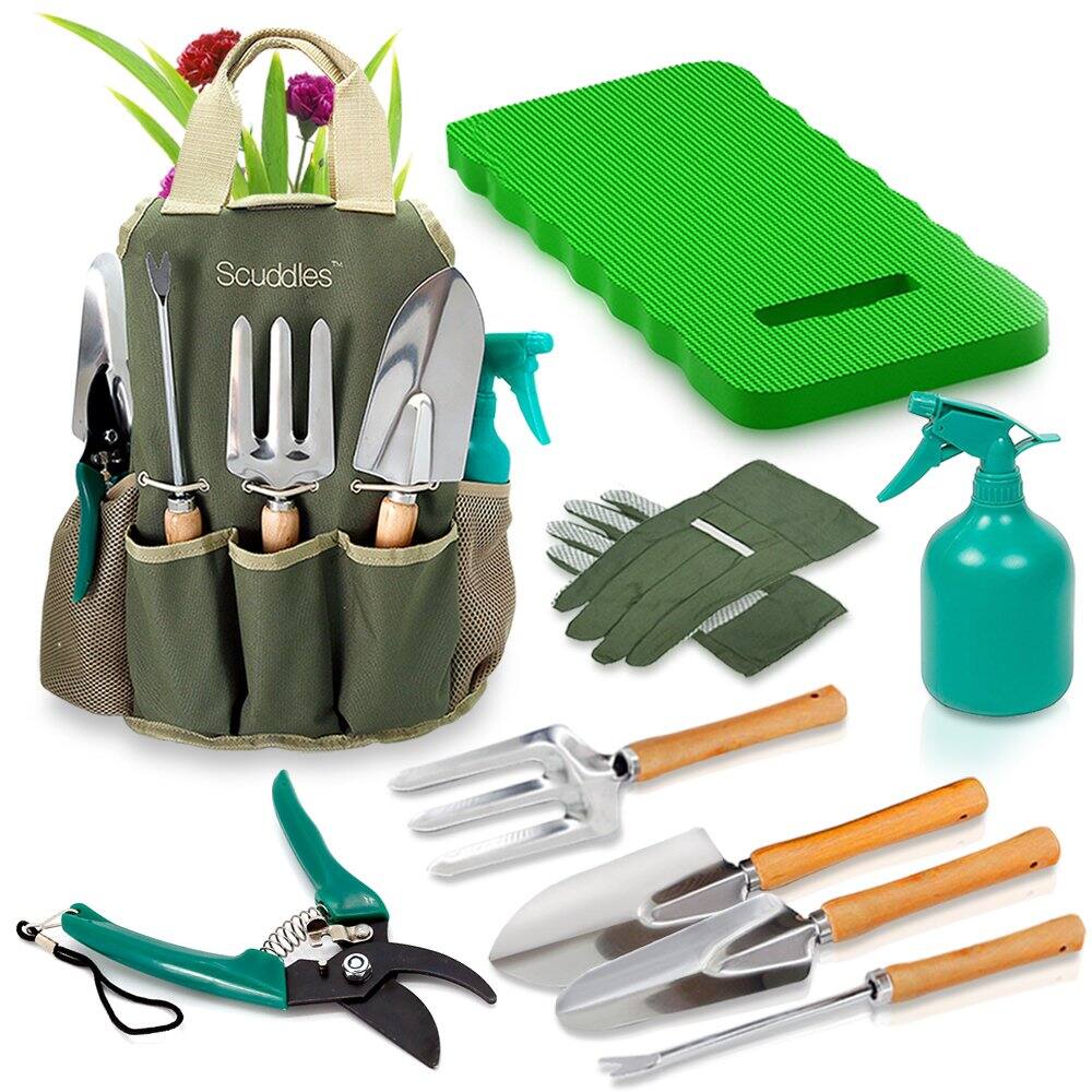 Front. Pyle - Scuddles Premium Gardening Kit for Women – 10 Stainless Steel Tools with Ergonomic Handles, Tote Bag, Kneeling Pad.