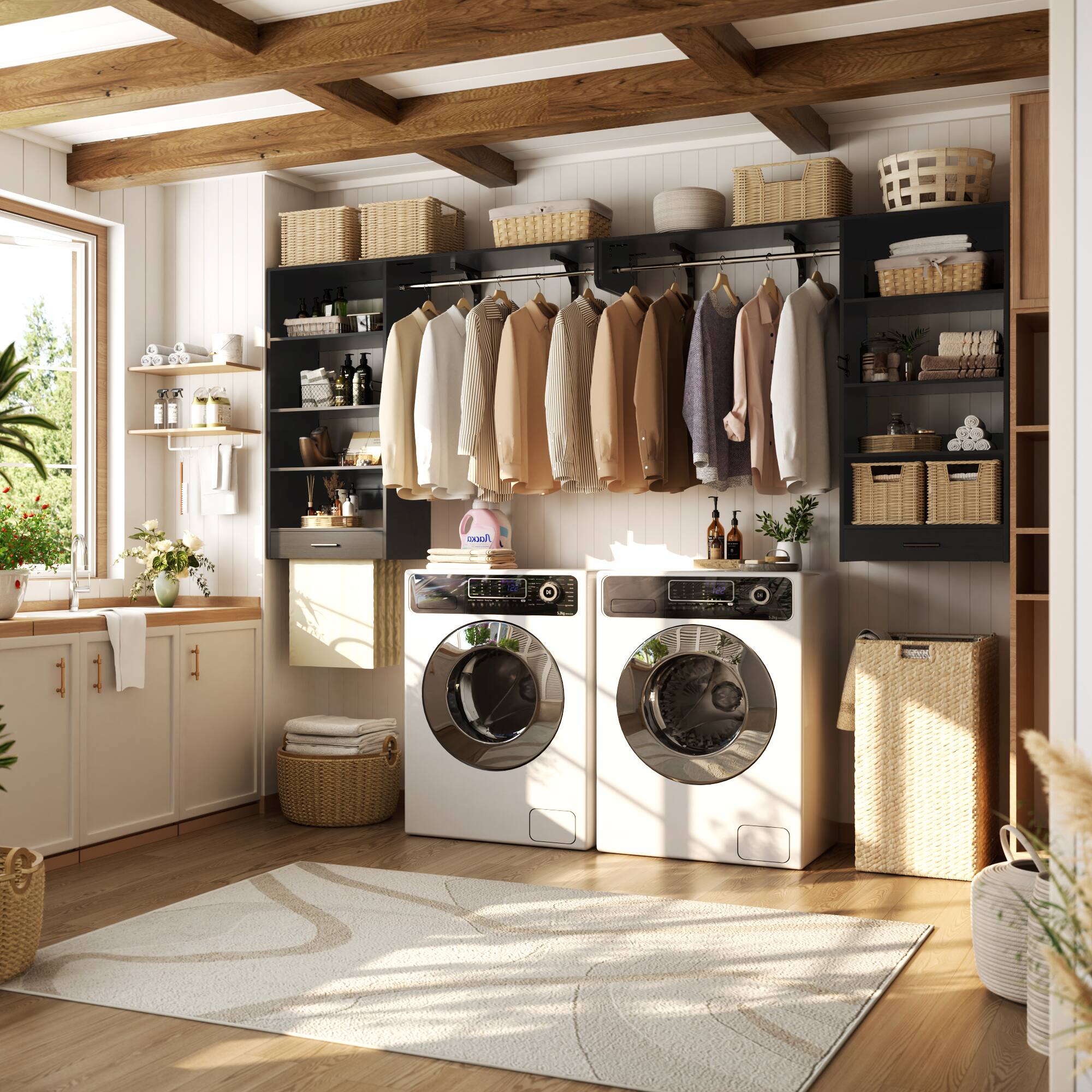 Left. Aheaplus - 5FT Reversible Wall Laundry Organizer Cabinet with Hanging Rod and Open Storage Shelves - Black.