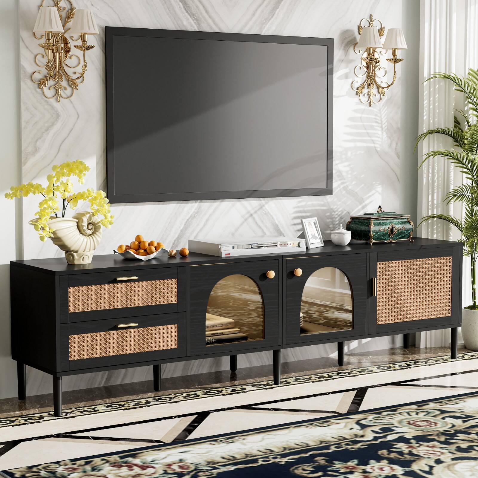 Alt View 7. Ecooso - Rattan TV Stand with 3 Cabinets & 2 Drawers, TVs up to 80'', LED Light， Entertainment Center, TV cabinet for Living room - Black.