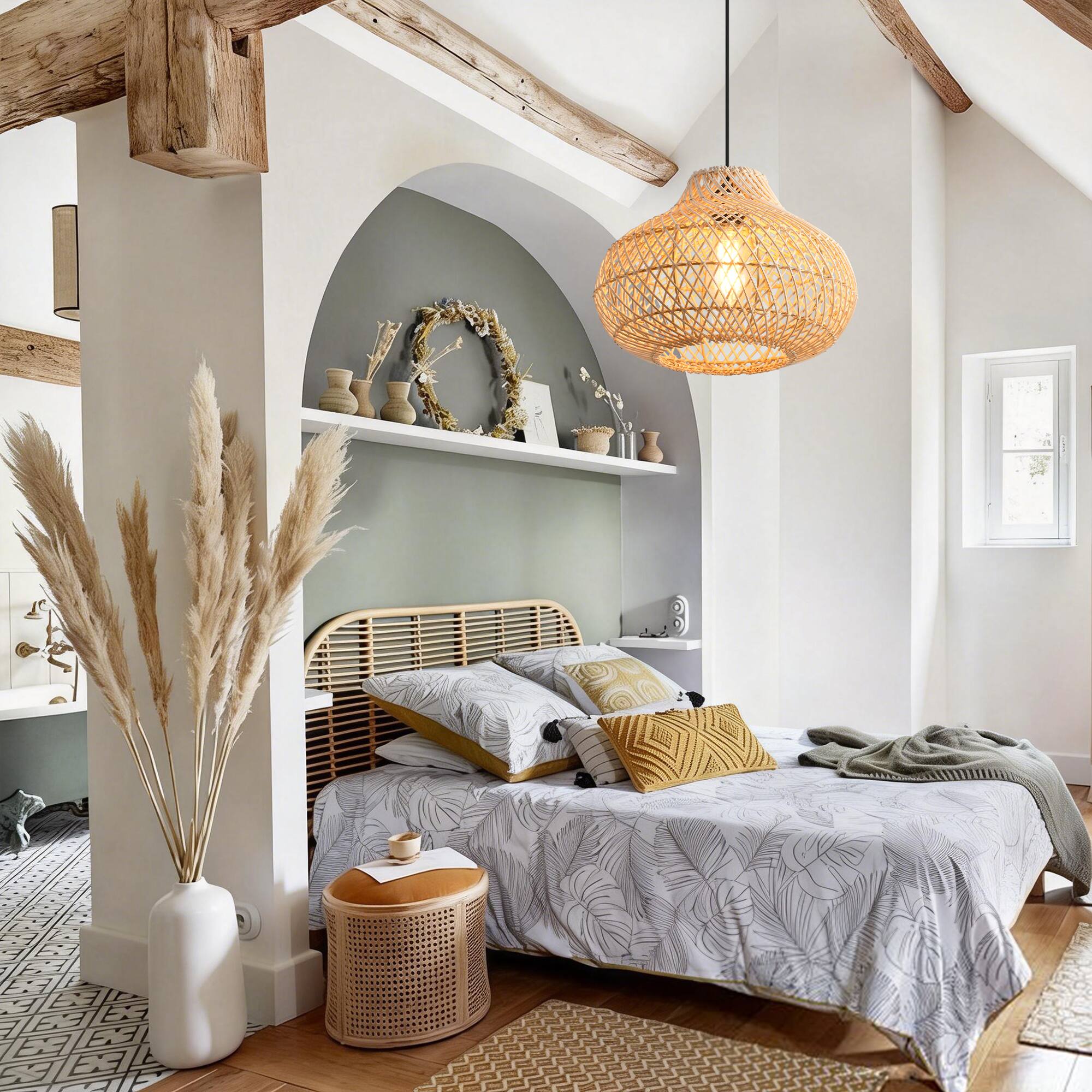 Left. Parrot Uncle - 1-Light Boho Brown Rattan Hand-Woven Cloche Hanging Basket Pendant Light - Brown.