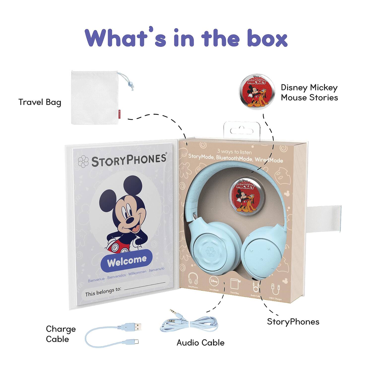 What's in the box

- Travel Bag
- Disney Mickey Mouse Stories
- STORYPHONES
  - Welcome
    - Bienvenido
    - Bienvenidos
    - Willkommen
    - Bienvenue
  - This belongs to:
- StoryMode, BluetoothMode, WiredMode
- StoryPhones
- Charge Cable
- Audio Cable