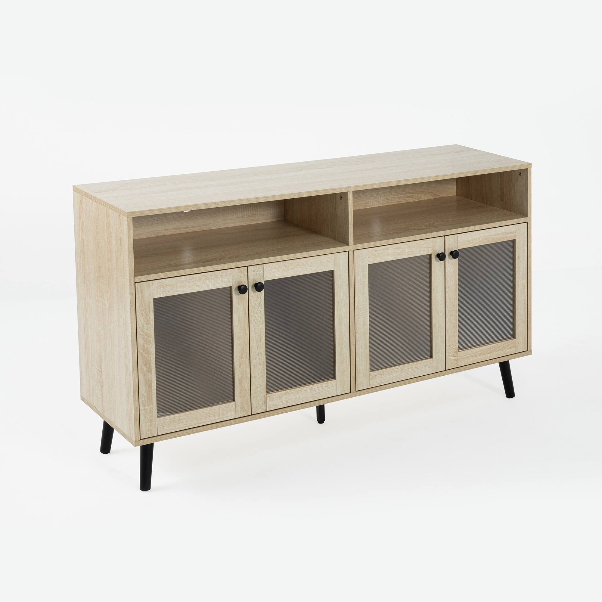 Alt View 1. Vaczon - Modern Natural Wood TV Stand with Storage Ribbed Glass Doors and Open Shelves, Entertainment Console - Light Oak.