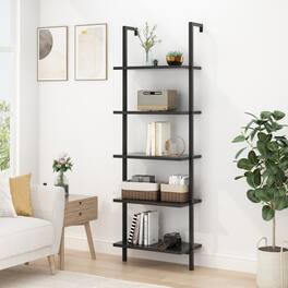 Winado - 24"L x 12"W x 71"H Tall 5 Tier Modern Bookshelf Wood Board Ladder Bookcase with Metal Frame Industrial Open Storage Unit - Black