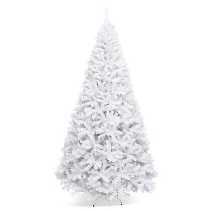 Front. WELLFOR - Artificial Christmas Tree, 9 FT White Unlit Holiday Decoration, Hinged Xmas Tree with Metal Stand - White.