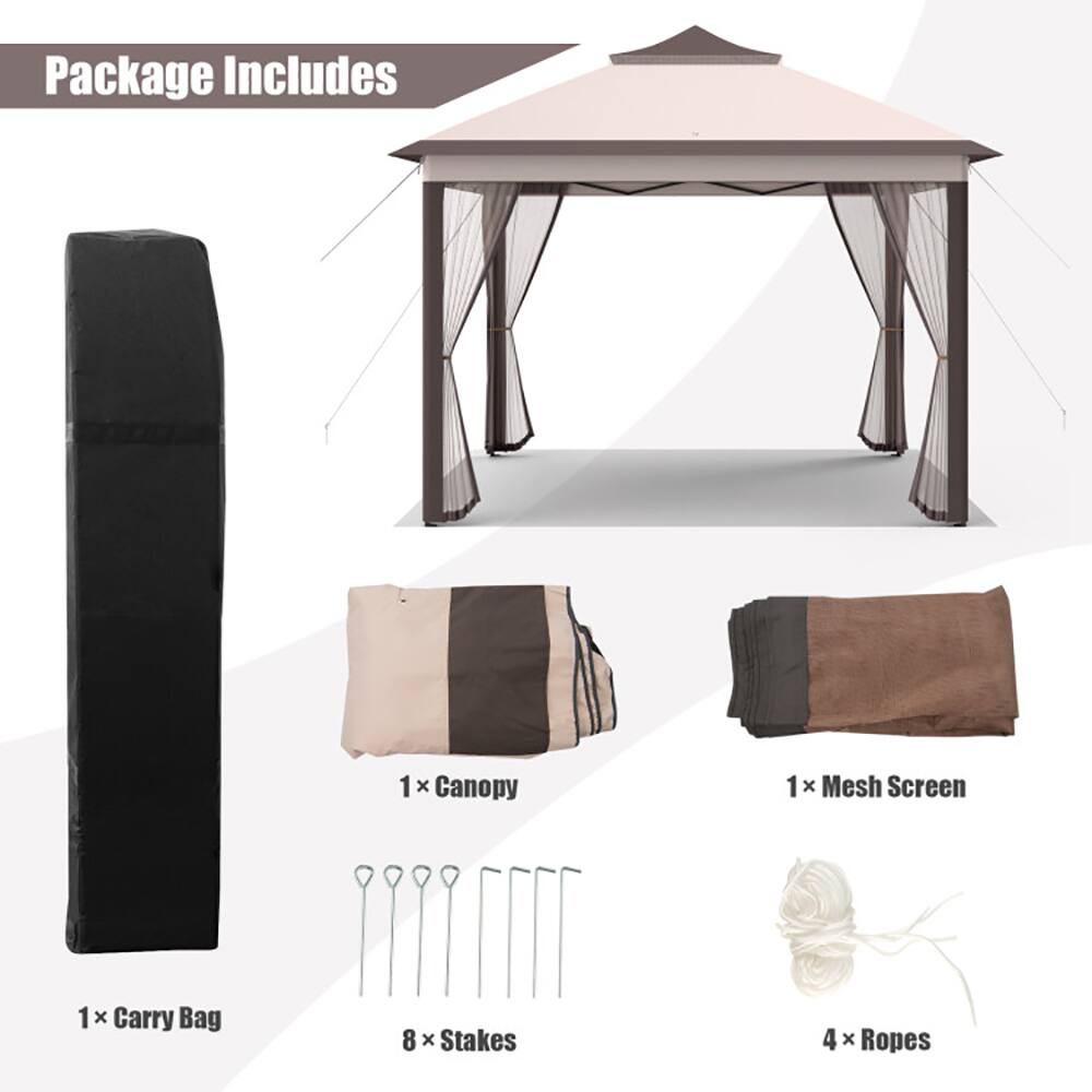 Package Includes

1 x Canopy  
1 x Mesh Screen  
1 x Carry Bag  
8 x Stakes  
4 x Ropes