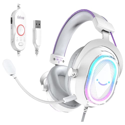 FIFINE - AmpliGame H13WP White & Purple USB Gaming Headset – 7.1 Surround Sound, RGB, Detachable Mic, Control Box, PS5/PC