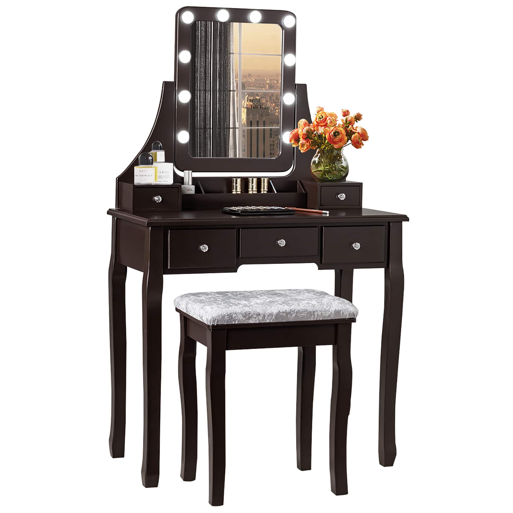 Front. Costway - Costway Vanity Dressing Table Set w/ 10 Dimmable Bulbs Touch Switch Cushion Stool - Brown.