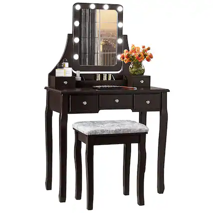 Front. Costway - Costway Vanity Dressing Table Set w/ 10 Dimmable Bulbs Touch Switch Cushion Stool - Brown.