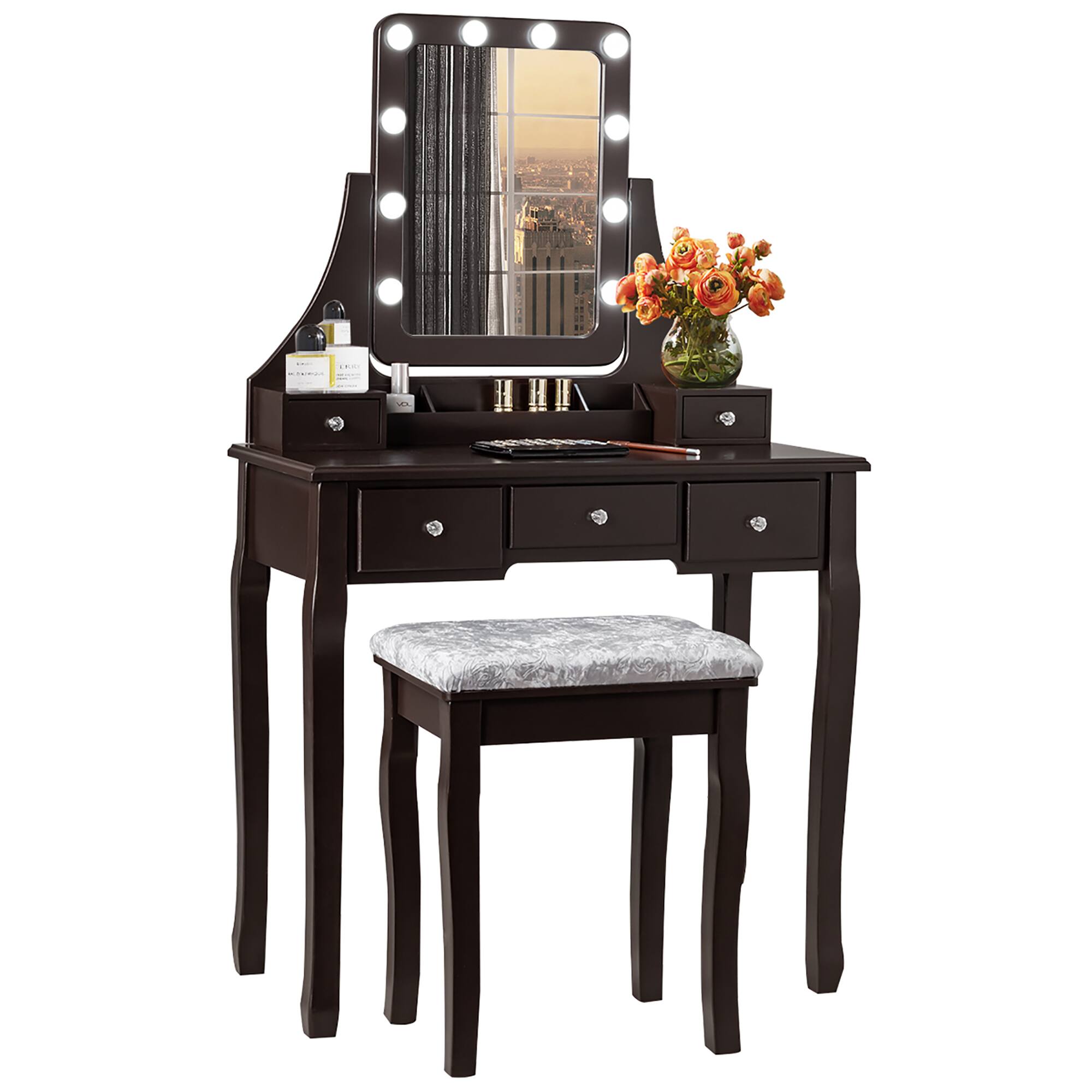 Costway - Vanity Dressing Table Set w/ 10 Dimmable Bulbs Touch Switch Cushion Stool - Brown