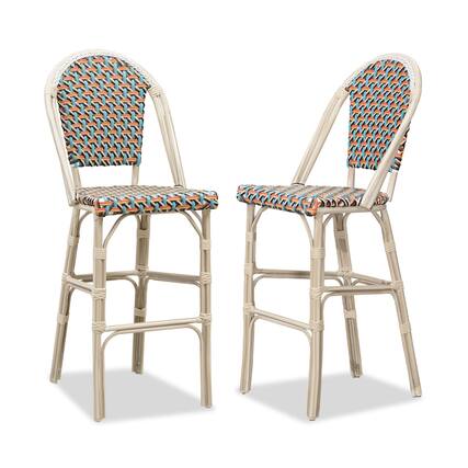 Front. PURPLE LEAF - French Bar Height Bar Stool Set of 2 Patio Bar Chairs with Back Rattan Bar Chairs French Bistro Set - White Frame/Colorful-Bar Stool.
