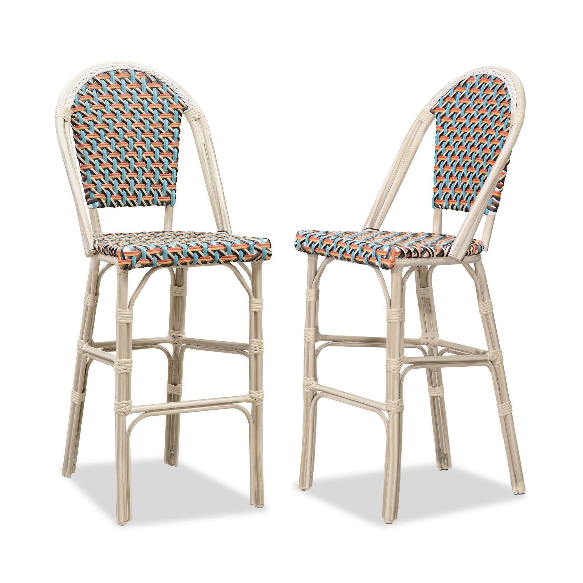 PURPLE LEAF - French Bar Height Bar Stool Set of 2 Patio Bar Chairs with Back Rattan Bar Chairs French Bistro Set - White Frame/Colorful-Bar Stool