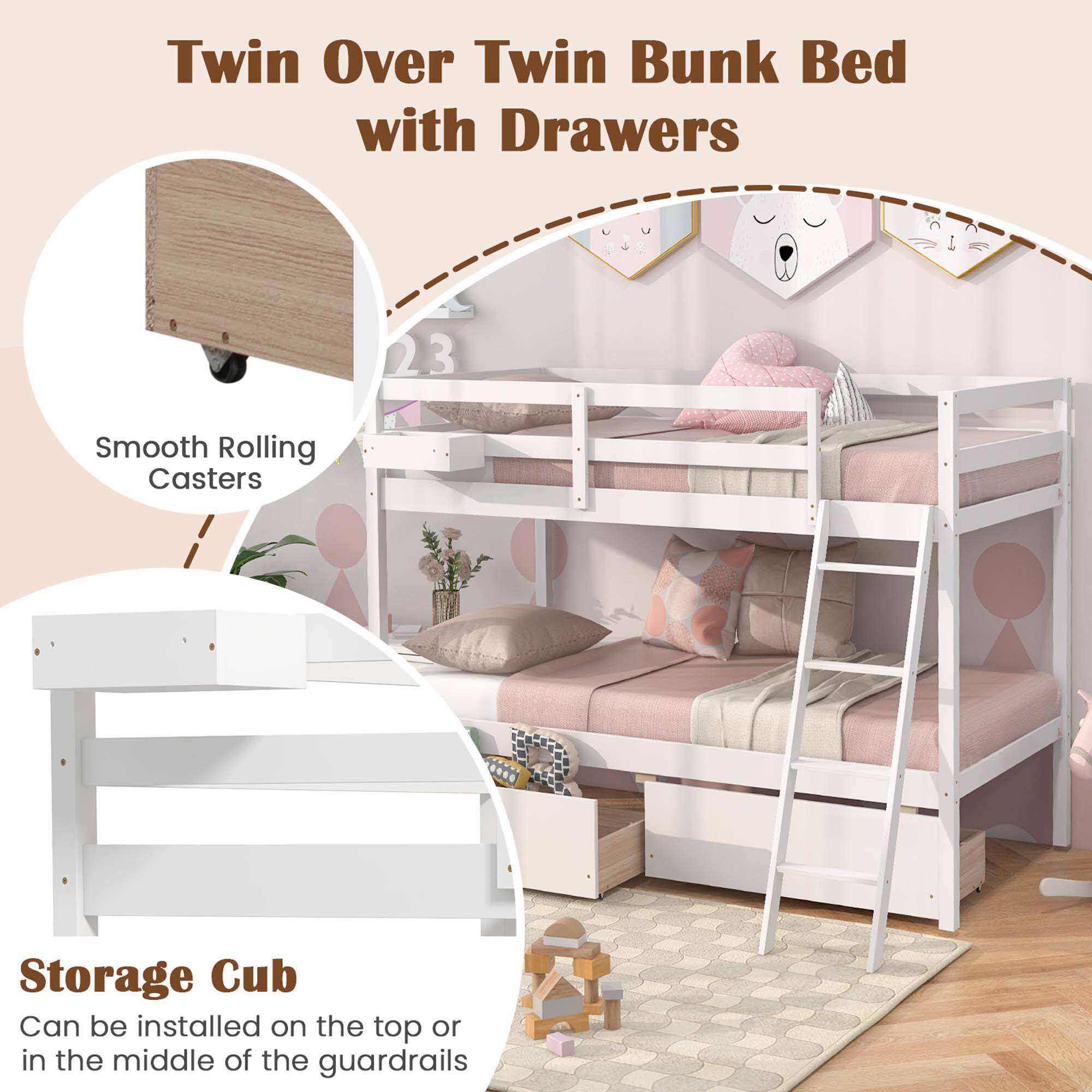 Twin Over Twin Bunk Bed with Drawers: 23 Smooth Rolling Casters, Storage Cub, Can be installed on the top or in the middle of the guardrails.