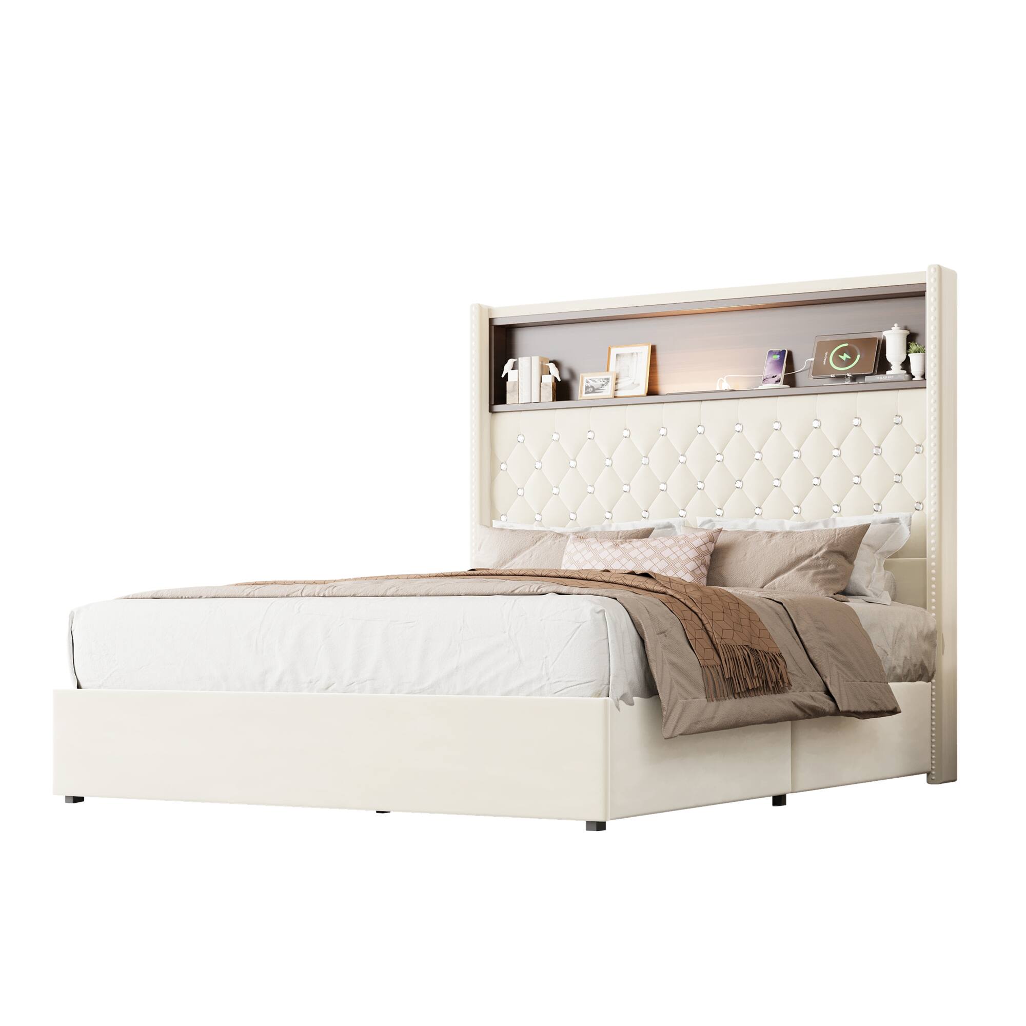 Alt View 4. GOODSILO - Luxurious Velvet Tufted Bed Frame with USB Port and Night Light, High Headboard Platform Bed - Beige.