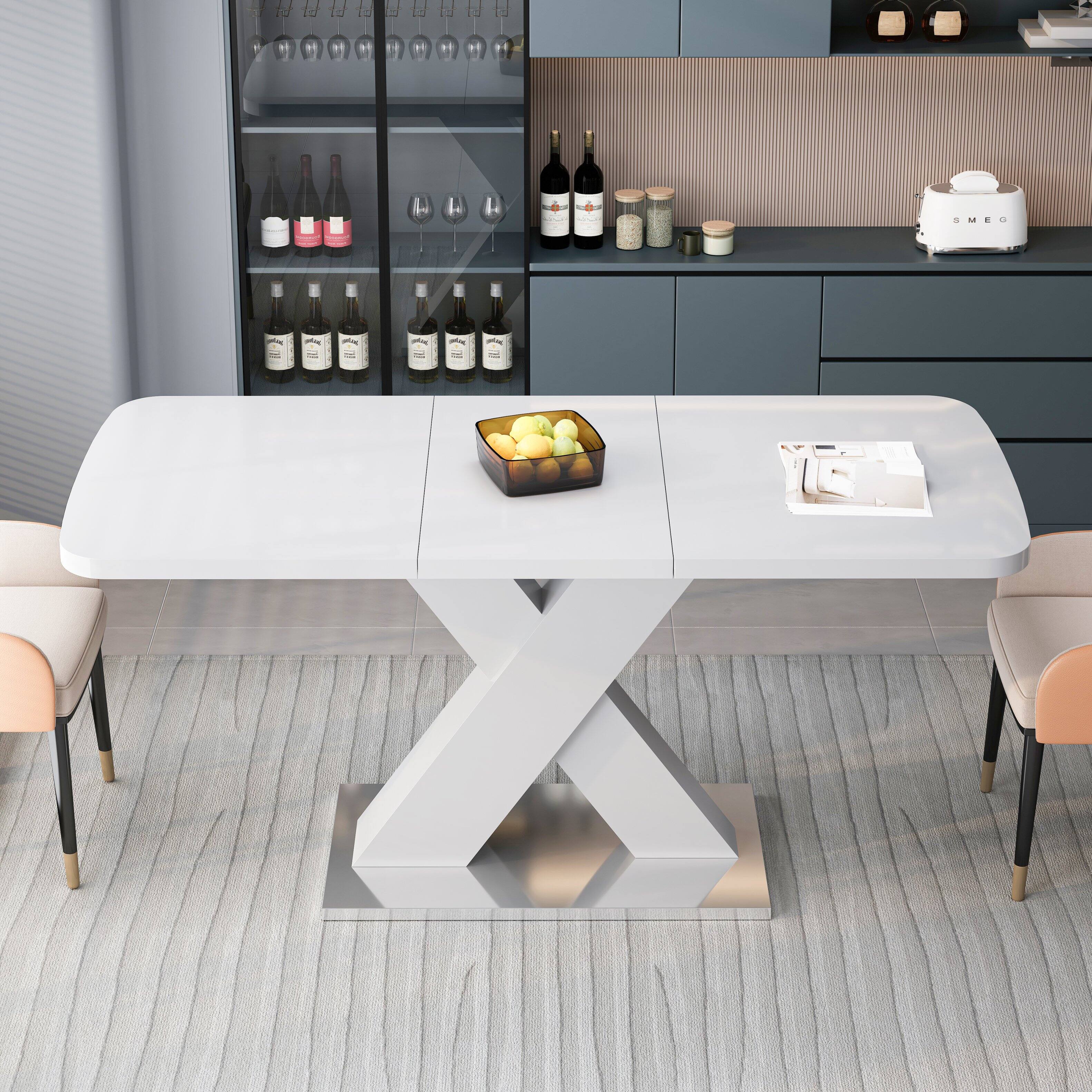 Angle. Tiramisubest - Modern Square Dining Table, Stretchable, White Table Top + MDF X-Shape Table Leg with Metal Base - White.