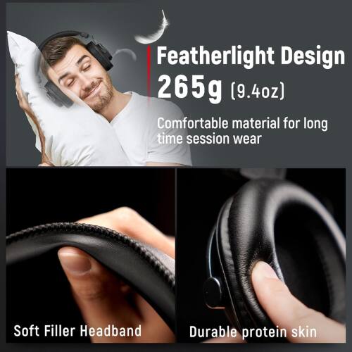 Featherlight Design  
265g (9.4oz)  
Comfortable material for long time session wear  

Soft Filler Headband  
Durable protein skin